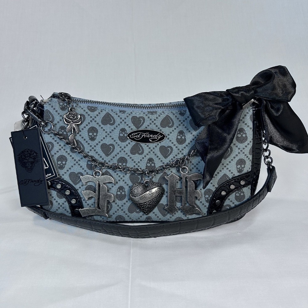 Ed Hardy Denim Blue Skull Print Shoulder Bag Crossbody Gothic Glam Bow EHH476